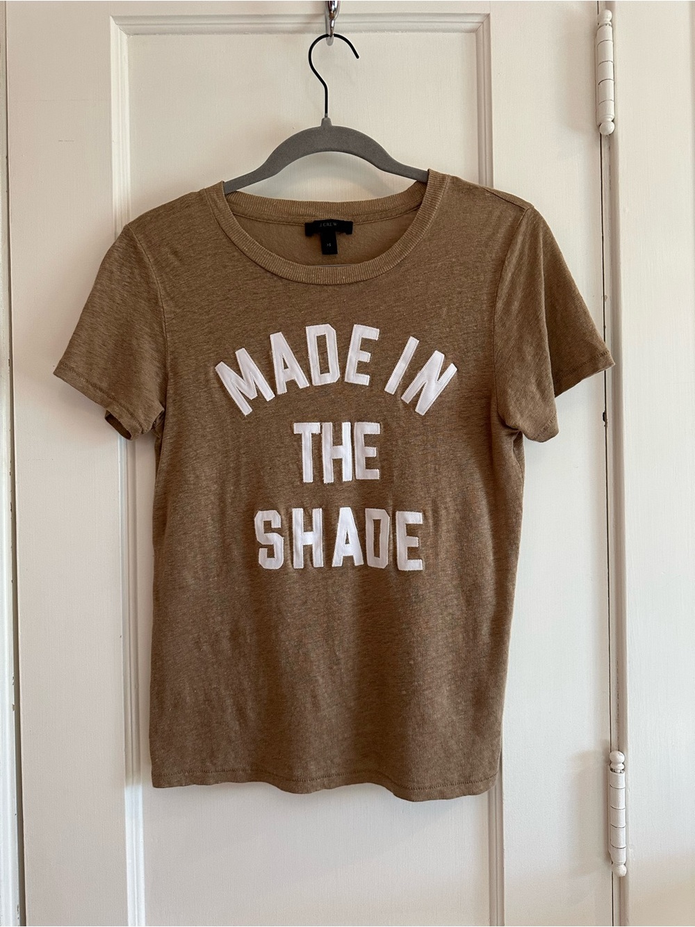 J Crew “Made In The Shade” Linen tee with patch-sewn lettering